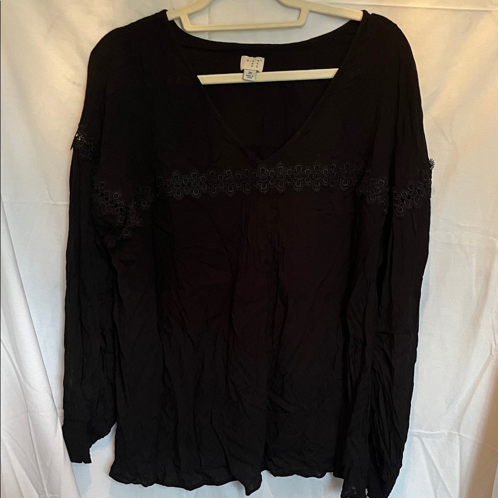 a new day Black V-Neck Long Sleeve Tunic with Embroidered Trim